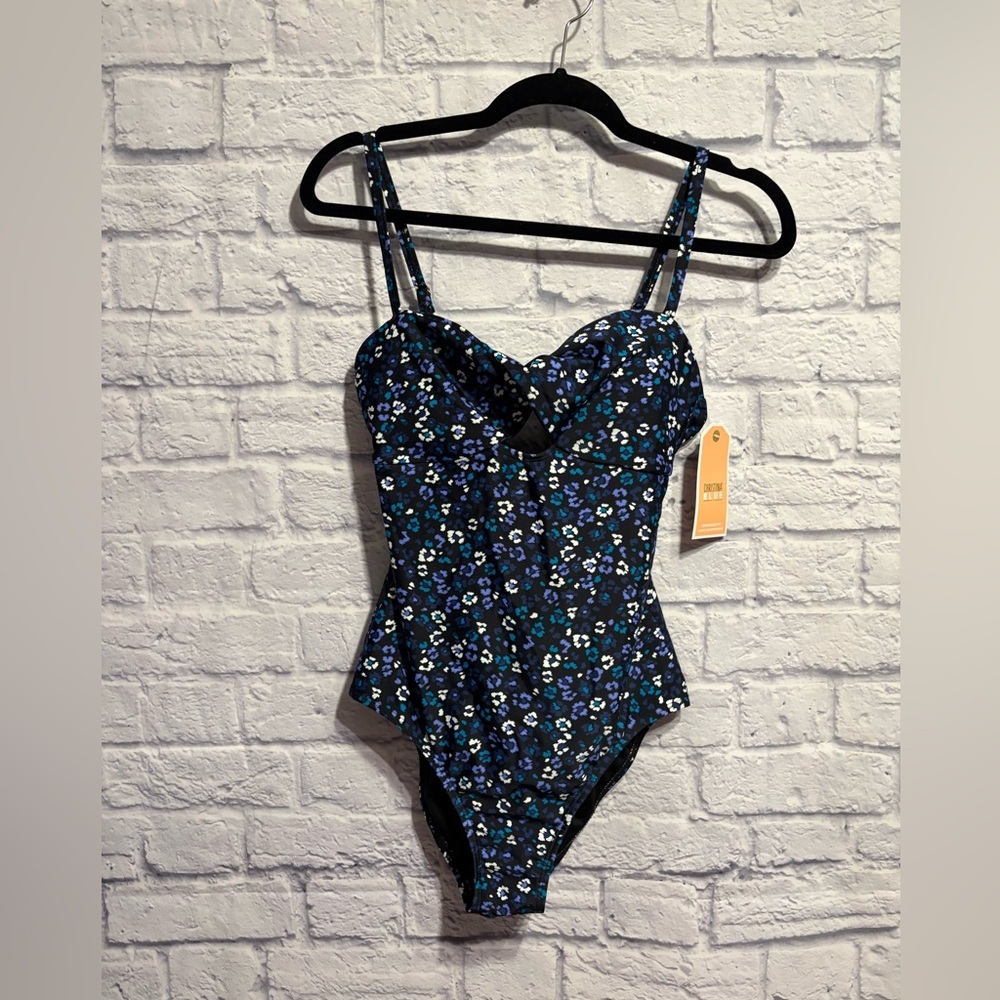 New Christina Blue Floral One-Piece Swimsuit Cutout Medium